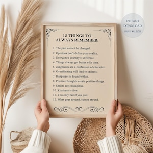 12 Things to Always Remember, Printable Inspirational Wall Art, Download Artwork, Digital Print Décor, Positive Life Quotes Poster