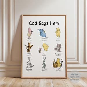 Printable Winnie The Pooh Wall Art, Winnie and Friends, God Says I AM, Nursery Room Decor, Christianity Religion Quote Digital Print