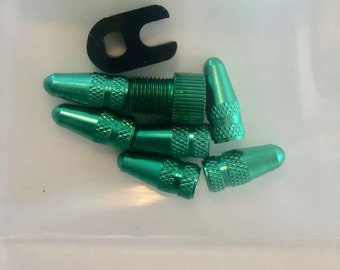 6 Presta Alloy Valve Caps... & 1 Presta Adapter + 1 Valve Core Tool ...Green