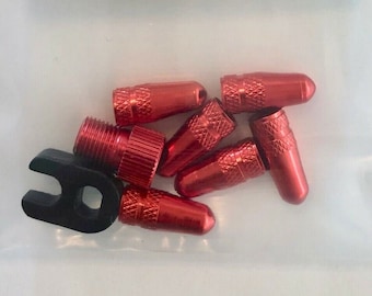 6 Presta Alloy Valve Caps... & 1 Presta Adapter + 1 Valve Core Tool ...Red
