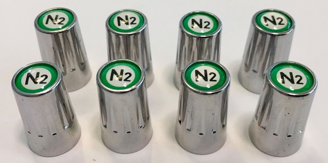 8 Long..chrome.. nitrogen VALVE CAPS N2 Inlayed...tpms Safe..w/ Window