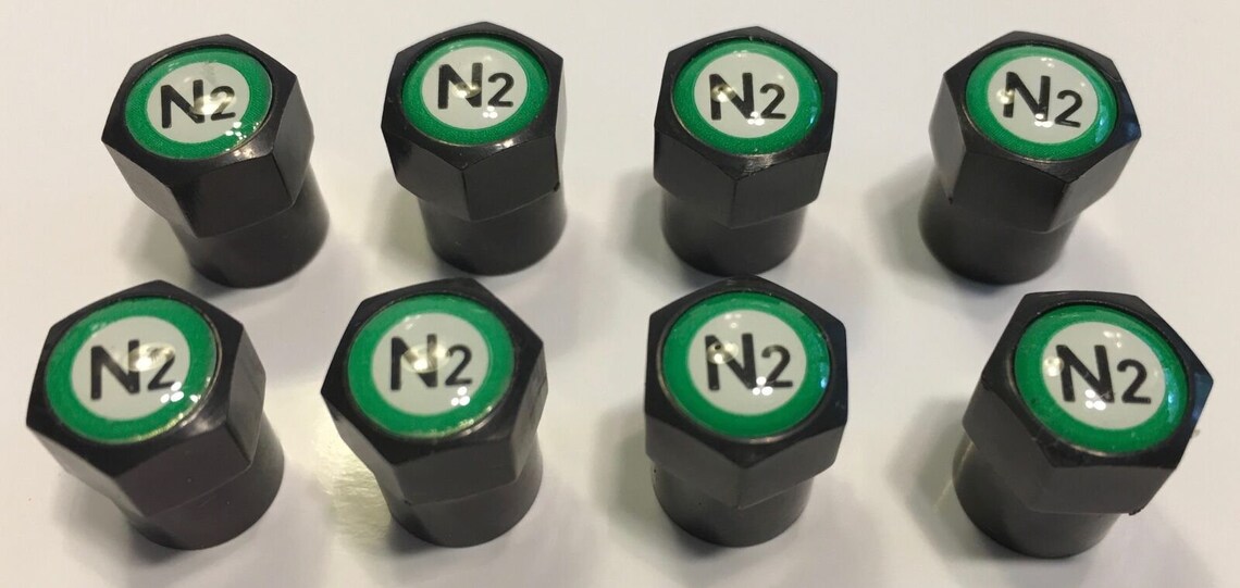 8 Black nitrogen Valve STEM CAPS N2 Inlayed...tpms Safe..w/ Window