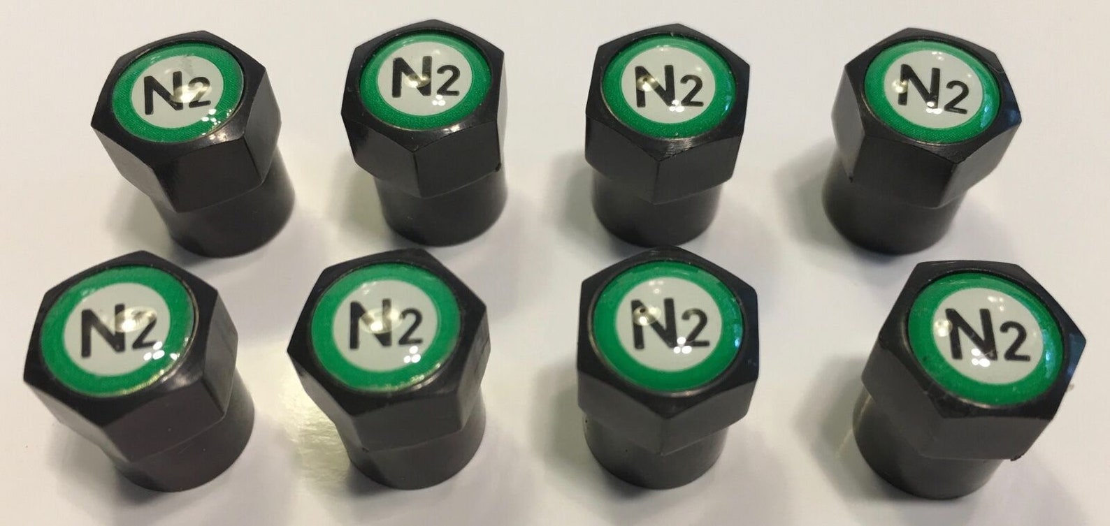 8 Black nitrogen Valve STEM CAPS N2 Inlayed...tpms Safe..w/ Window