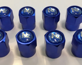 8  Blue Alloy... (Nitrogen) VALVE CAPS - N2 - Inlayed..TPMS Safe..w/ Window Decal