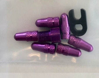 6 Presta Alloy Valve Caps... & 1 Presta Adapter + 1 Valve Core Tool ...Purple