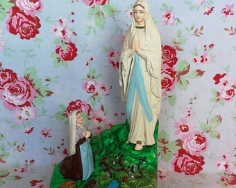 Large Vintage French Immaculate Conception Statue Miraculous Virgin Mary Bernadette Catholic Lourdes Appartitions Plaster Chalkware 1920's