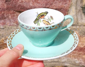 Ensemble de 4 soucoupes, tasses à café, thé Badonviller, Français vintage, modèle oiseau de paradis turquoise, fabriqué en France, motif bord doré, ornement Rare