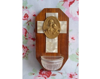 Vintage French Benitier Stoup Holy Water Font with Jesus Sacred Heart Virgin Mary Plaque Catholic Icon Memorabilia 1930s Vendée