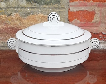 Sopera francesa antigua con tapa, cuenco para servir verduras de barro, fabricado en Francia, borde plateado, festoneado blanco, estilo rústico, con tapa