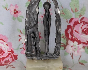 Vintage Italian Pewter & Marble Statue Our Lady of Lourdes Apparition Virgin Mary Figurine Catholic Miniature Holy Devotional Collectible