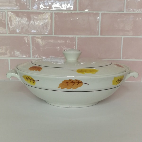 Vintage French Moulin Des Loups Soup Tureen Yellow Brown Oak Tree Leaves Made in France Earthenware Vegetable Serving Bowl Country House