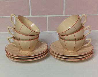 6 Vintage French Digoin Sarreguemines Tea / Coffee Cups & Saucers in Pink Porcelaine Opaque w/ Red outlines Rim Set Made In France Art Deco