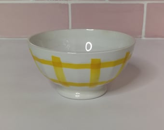 Vintage French Digoin Sarreguemines Cafe Au Lait Faceted Bowl White Yellow Stripes Latte Coffee Petit Dejeuner Pedestal Geometrical Lines