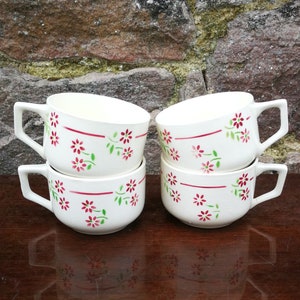 4 Vintage French Badonviller Tea / Coffee Cup Set of Four Made In France Red Flowers Green Leaves Rare Airbrush Stencil Paint Digoin Style