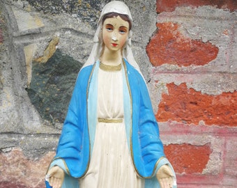 Große Vintage Französische Unbefleckte Empfängnis Statue Wunderige Jungfrau Maria mit Schlangen Rosen Blume Katholische Gips Chalkware Santa Maria