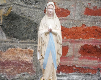 Große Vintage Französische Unbefleckte Empfängnis Statue Wunderige Jungfrau Maria mit Schlangen Rosen Blume Katholische Gips Chalkware Santa Maria