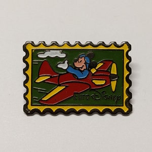 Vintage Mickey Mouse on a Plane Eurodisney Disneyland Paris Stamp Pin Badge 1990&#39;s French Made in France Cartoon Cute Retro Resort