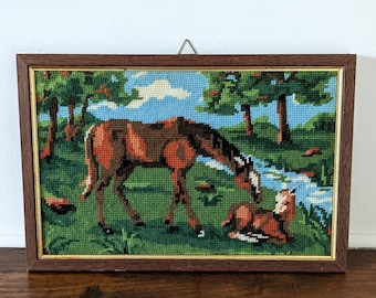 Vintage Horse Needlepoint Art in Wood Frame Rustic Equestrian Wall Decor • Country Farmhouse Stitching • 1970s Handmade Horse Foal