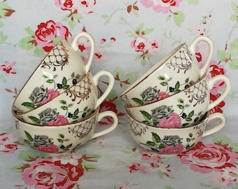 6 Antique French Digoin Sarreguemines Tea/Coffee Cups Made In France Pink Flower Pattern Vintage Digoin Cream Gold Ornament Rim Edge Coffee
