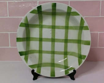 Rare Large Moulin des Loups Green Ecossais Serving Tray Green Check Dish Plate Vintage French Airbrush Tartan Pattern Stencilware Stencil