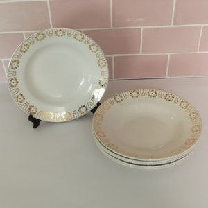 6 Vintage French Deep Plates Made in France Pasta Bowl Soup Elegant Golden Rim Trim Gold Edge Scalloped Flowers Art Deco Digoin Style