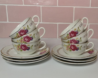 6 Vintage Franse Digoin Sarreguemines "Riquet" Thee / Koffie Cup & Schotels Set Made In France Roze Rozen Bloemen Groen Geel Roze Roos