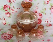 Vintage French Pink Depression Glass Carafe w. 4 Shot Glasses Rosaline Made In France 1960s Clear Salmon Decanter Liqueur Bottle Liquor Jug