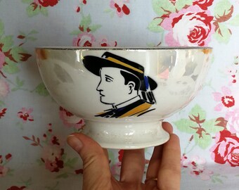 Vintage French Breton Badonviller Porcelain Bowl Cafe Au Lait Coffee Petit Dejeuner Bretagne Breizh Traditional Folkloric Sailor Iridescent