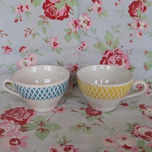 2 Vintage French Badonviller Yellow Blue Tea Coffee Cups Set of Two Made In France Hand Painted Geometrical Lines Diamond Shape Airbrush