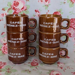 6 Vintage French Cafés du Ménez Bré Porcelain Coffee Cups Six Made In France Espresso Advertising Roaster Beans Bistro Brittany Nespresso