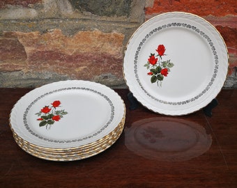 6 Vintage Französisch Dessert St Amand Teller Made in Frankreich Steingut Fayence Rote Rosen Muster Gold Trim Beilagen Digoin Sarreguemines