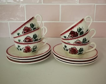 6 vintage Franse digoin sarreguemines bagatelle thee/koffie kop en schotels gemaakt in Frankrijk roze rozen bloemen groen airbrush zeer zeldzaam