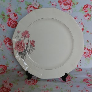 Elegante Vintage Francés Faience Gran Plato de Servicio Hecho en France Earthenware Roses Plata Línea Metálica Flores Pastel Octogonal Square
