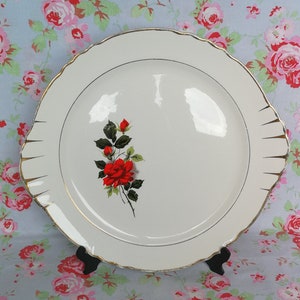 Vintage Français Moulin Des Loups gâteau plaque Made in France en terre cuite Faience rouge Rose Bud fleur Dessert or blanc jante avec poignées tarte