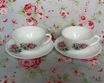 2 Vintage French White Arcopal Coffee Cups + Saucers Set of 2 Tea Mugs Made In France Milk Glass Opaline Daisies Roses Flowers Pattern 1960s