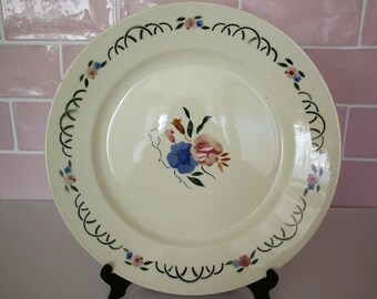 Vintage French HBCM Villefranche Round Serving Dish Tray Made in France Dishes Green Pink Red Flower HBCM 1940s Hand Painted Rose Airbrush