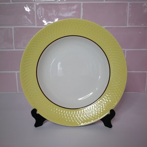 6 assiettes creuses Moulin Des Loups jaunes vintage, France Gold Line, faïence vaisselle, aérographe rétro, motifs Digoin, salade de pâtes