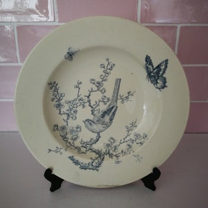 Large Antique French Terre de Fer Serving Dish HB et Cie Ironstone France Vintage Flower Blue & White Bird on a tree Butterfly Flowers