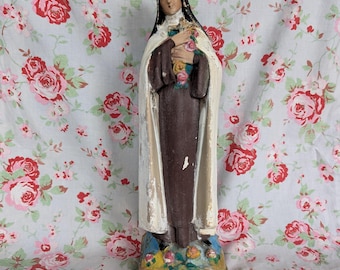 Large Vintage French Saint Therese Statue Chalkware 1920s Roses Flower Catholic Memorabilia Made in France Immaculate Conception St Teresa