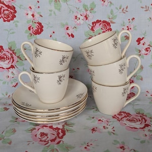 5 Vintage French Badonviller Tea Coffee Cups Saucers Set Made In France Pattern Gold Rim Ornament Rare Shabby Cottagecore Chic Coffee