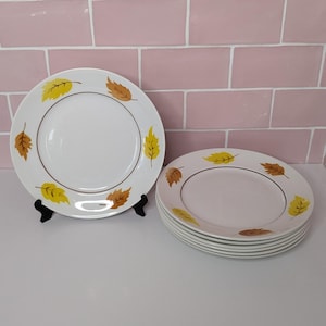 6 assiettes vintage Moulin Des Loups France feuilles de chêne jaune orange automne faïence vaisselle aérographe style Digoin rétro