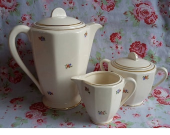 Gorgeous Badonviller Coffee Set Coffee Pot + Sugar Pot + Milk Jug / Stamped Signed Made in France Vintage French Faience Flower Bud Pattern