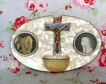 Vintage French Benitier + Crucifix Virgin Mary Notre Dame Lourdes Stoup Holy Water Font Vierge Marie Catholic Memorabilia Apparition Priere
