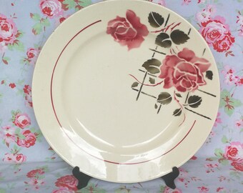 4 Vintage French Faience Badonviller Blue Dinner Plates Made in France Earthenware Ceramic Dishes Retro Roses Airbrush Mad Men Style Stencil