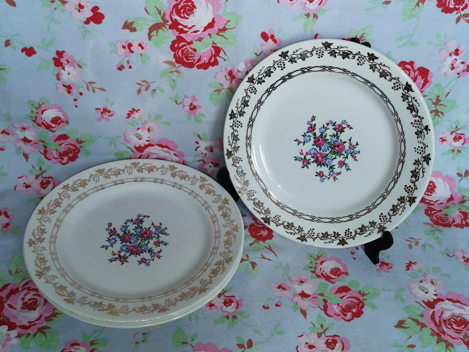 4 Assiettes Français Dessert Vintage Petite Assiette Made in France Retro Kitchen Faience Grapes Flo