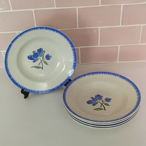 5 Vintage French Faience Badonviller Blue Deep Plates Made in France Loza Rosa de cerámica Aerógrafo Stencil Rosas Pasta Ensalada Sopa