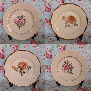 4 Mismatched Digoin Sarreguemines Dinner Plates Vintage French Rose Baby Pink Salmon Airbrush Flower Stencil Mixed Design