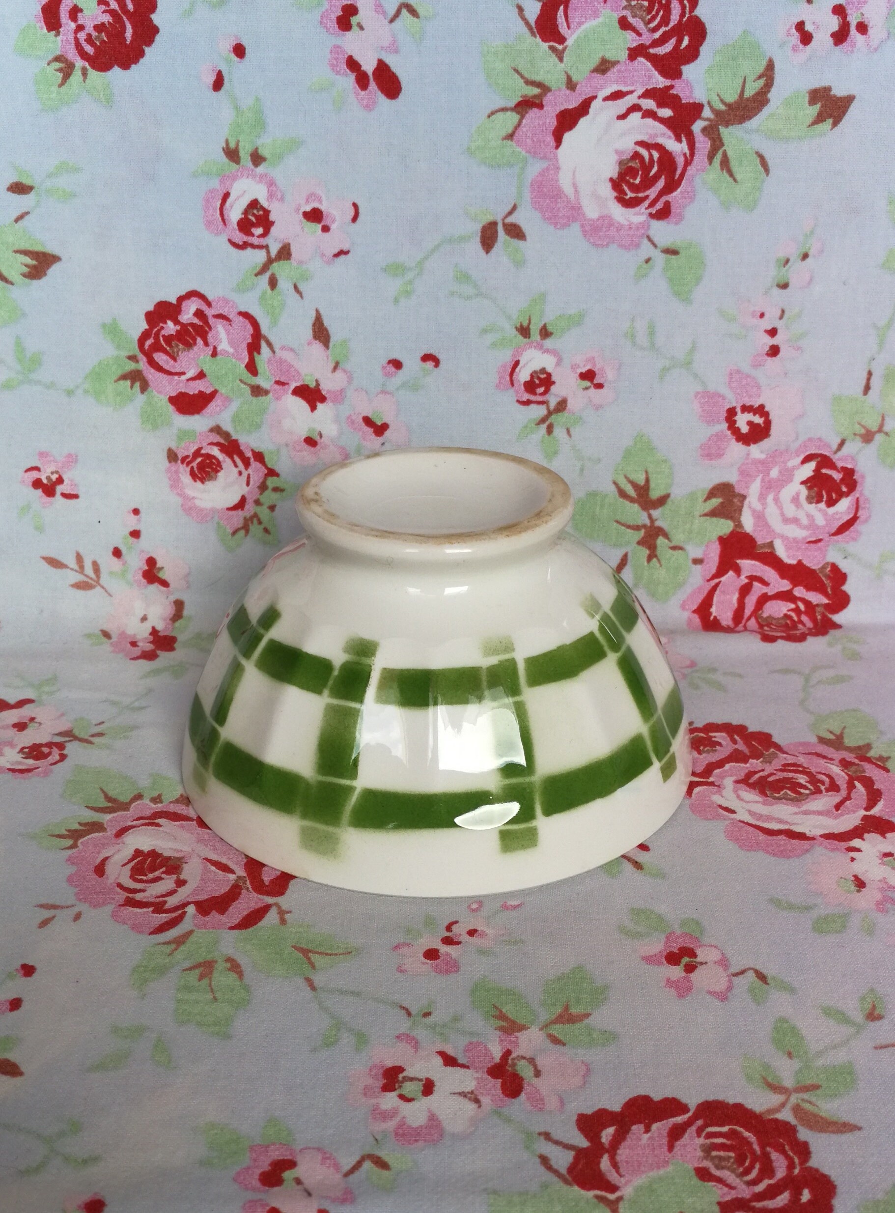 Vintage French Digoin Sarreguemines Cafe Au Lait Faceted Bowl White Green Stripes Latte Coffee Petit Dejeuner Pedestal Geometrical Lines