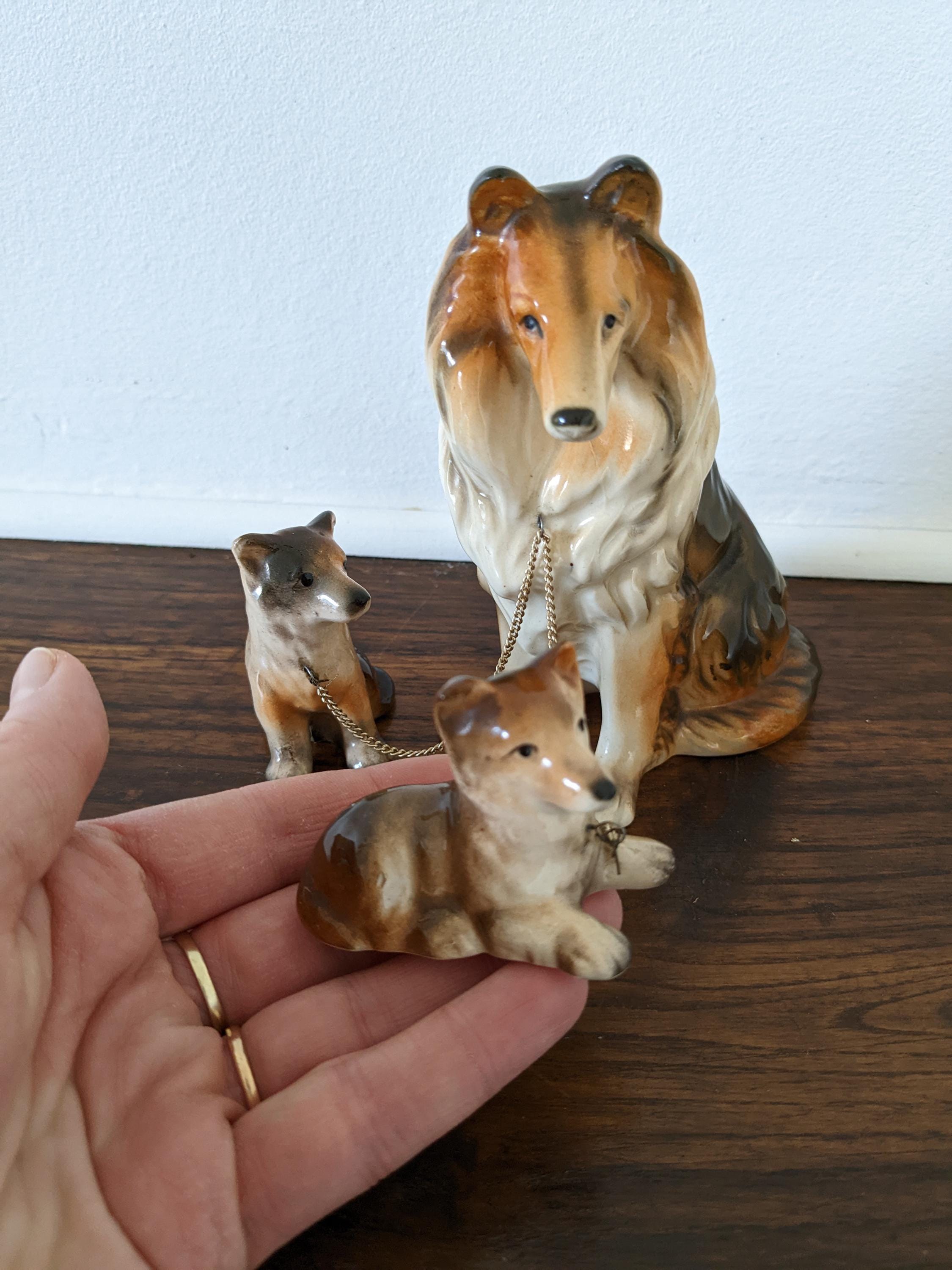 Vintage Collie Dog Figurine Family With Chain Leash • Mother