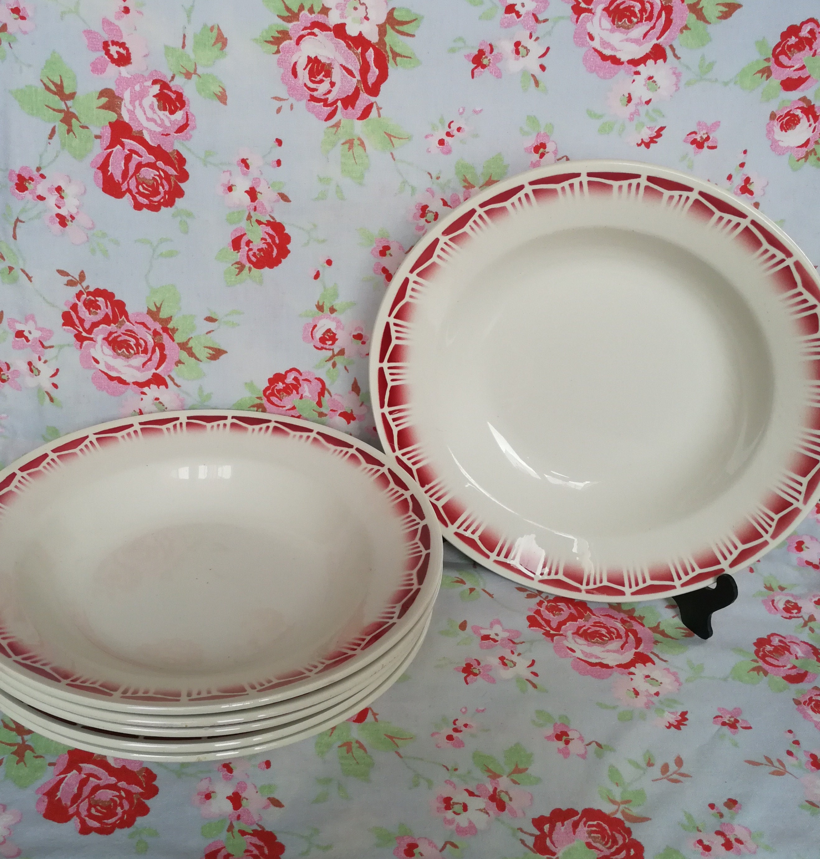 6 Vintage Français Faience Monty Pink Deep Pasta Plates Made in France Earthenware Ceramic Dishes Re